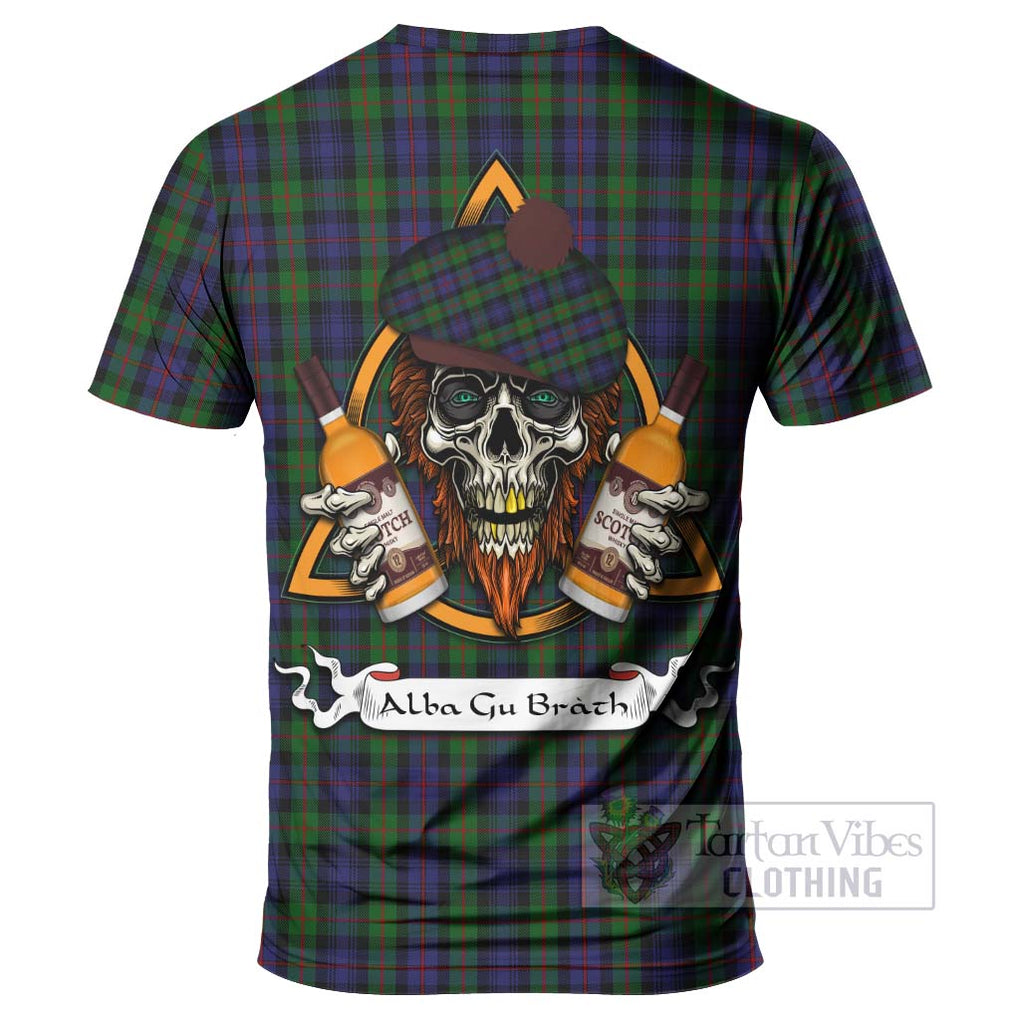 Tartan Vibes Clothing Murray Tartan T-Shirt with Family Crest and Bearded Skull Holding Bottles of Whiskey