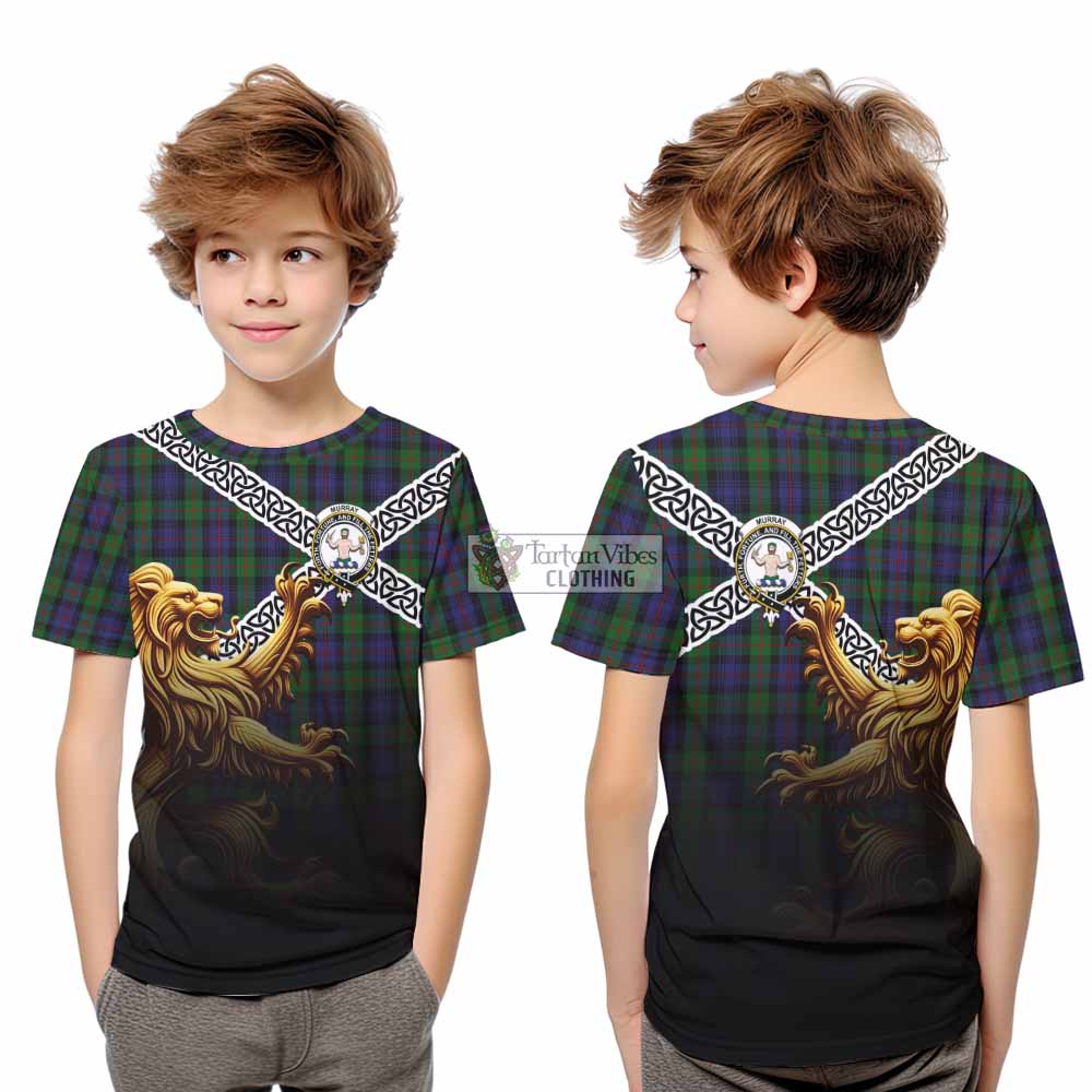 Tartan Vibes Clothing Murray Crest Tartan Kid T-Shirt with Golden Lion Emblem Celtic Style