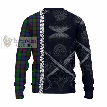 Tartan Vibes Clothing Murray Tartan Knitted Sweater with Family Crest Cross Sword Thistle Celtic Vibes