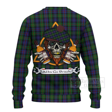 Tartan Vibes Clothing Murray Tartan Knitted Sweater with Family Crest and Bearded Skull Holding Bottles of Whiskey