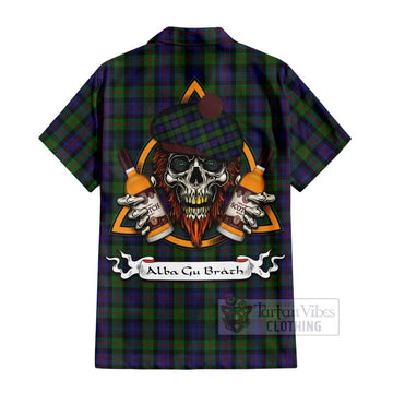 Murray Tartan Hawaiian Shirt with Family Crest and Bearded Skull Holding Bottles of Whiskey