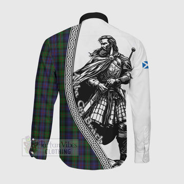 Murray Tartan Clan Crest Long Sleeve Button Shirt with Highlander Warrior Celtic Style
