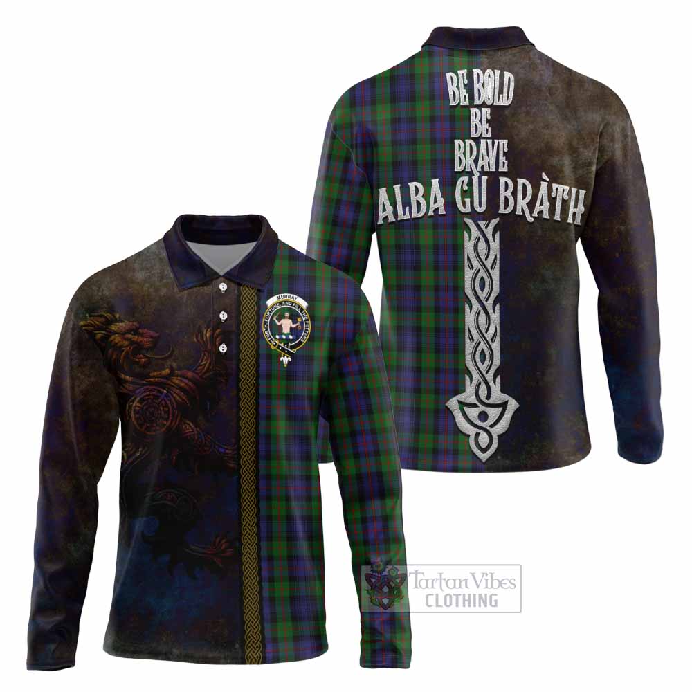 Tartan Vibes Clothing Murray Tartan Family Crest Long Sleeve Polo Shirt Alba Gu Brath Be Brave Lion Ancient Style