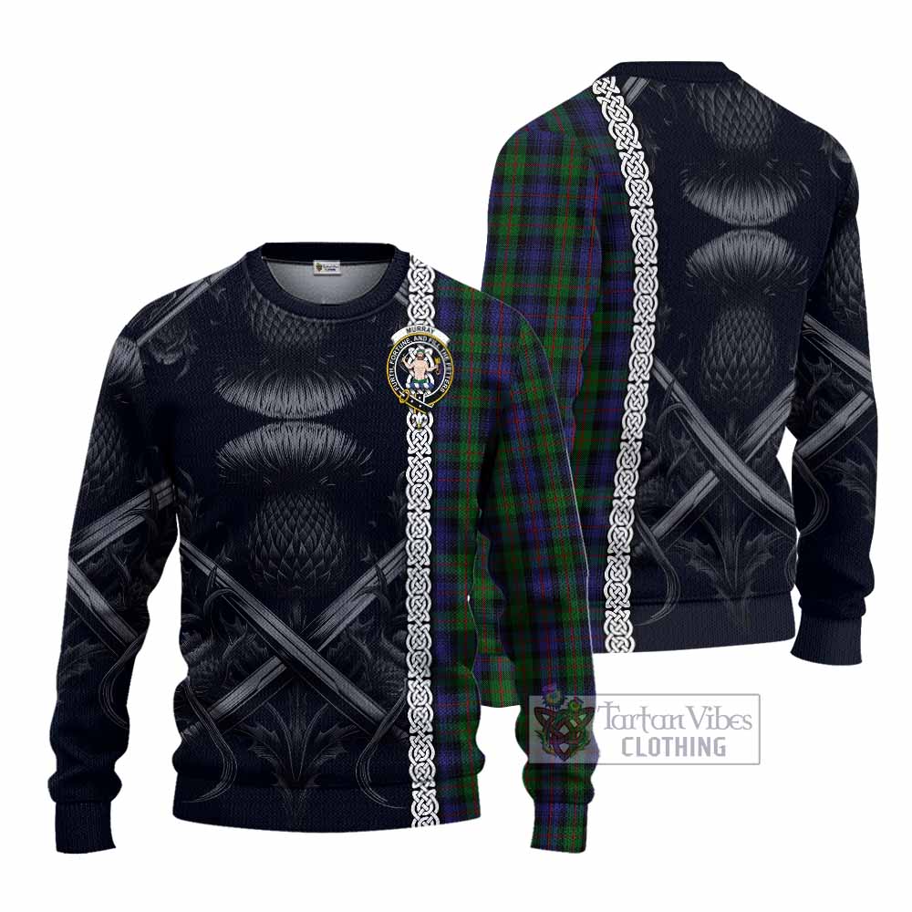 Tartan Vibes Clothing Murray Tartan Knitted Sweater with Family Crest Cross Sword Thistle Celtic Vibes