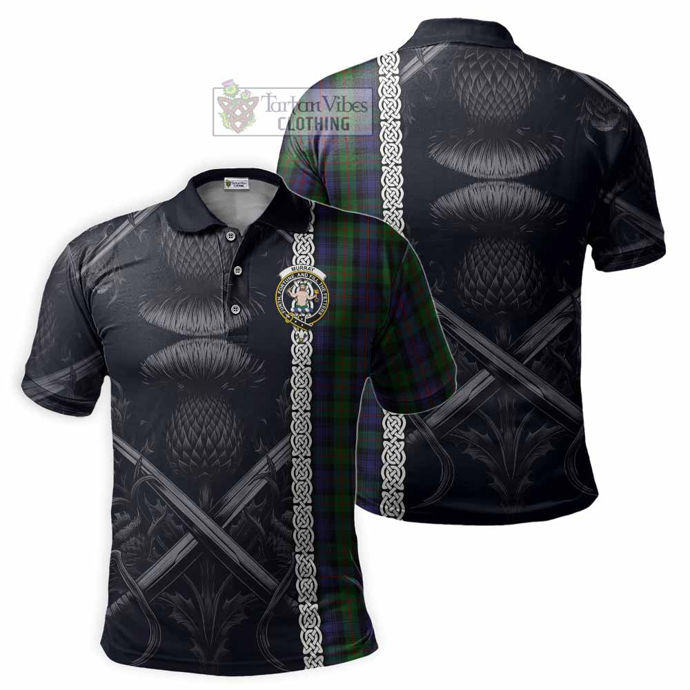 Tartan Vibes Clothing Murray Tartan Polo Shirt with Family Crest Cross Sword Thistle Celtic Vibes