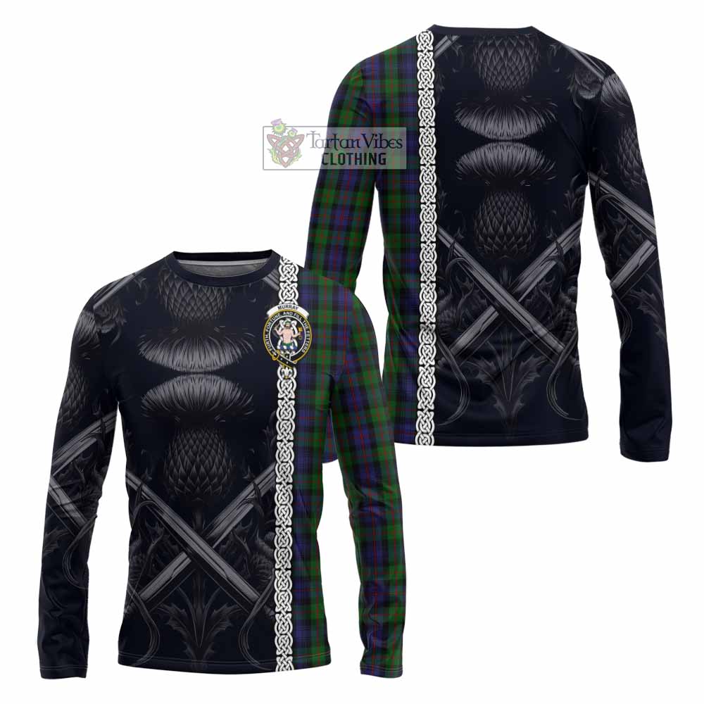 Tartan Vibes Clothing Murray Tartan Long Sleeve T-Shirt with Family Crest Cross Sword Thistle Celtic Vibes