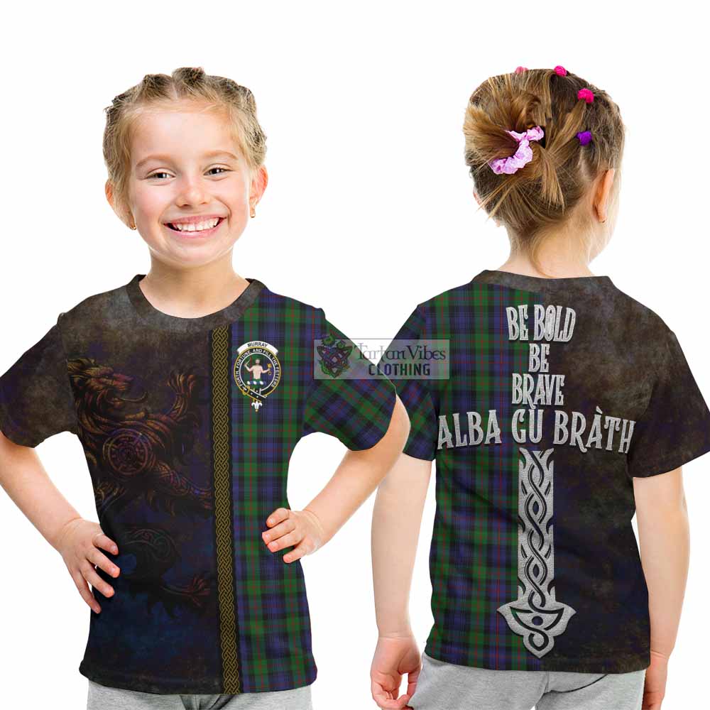 Tartan Vibes Clothing Murray Tartan Family Crest Kid T-Shirt Alba Gu Brath Be Brave Lion Ancient Style