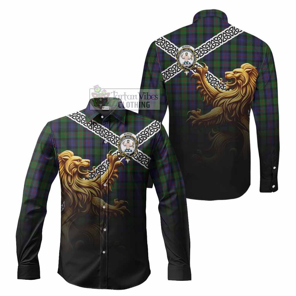 Tartan Vibes Clothing Murray Crest Tartan Long Sleeve Button Shirt with Golden Lion Emblem Celtic Style