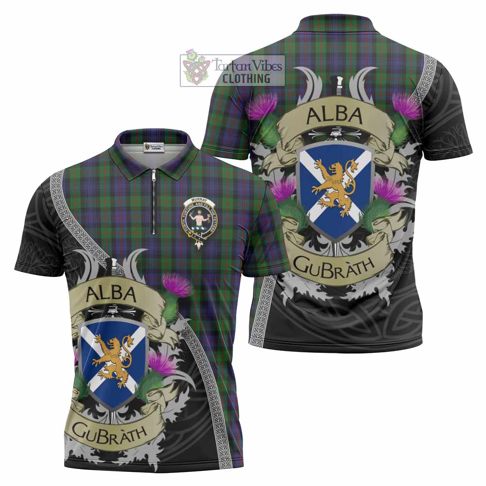 Tartan Vibes Clothing Murray Tartan Family Crest Zipper Polo Shirt Lion Rampant Royal Thistle Shield Celtic Inspired