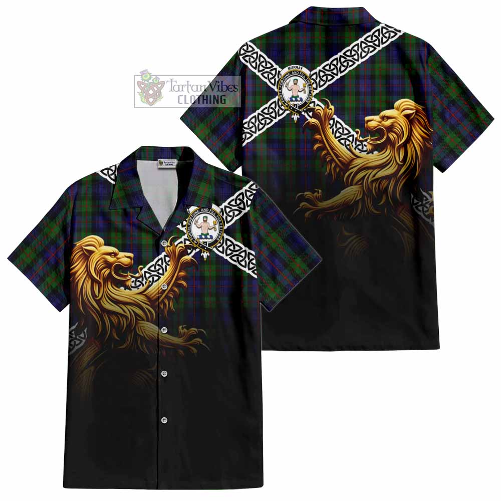 Tartan Vibes Clothing Murray Crest Tartan Short Sleeve Button Shirt with Golden Lion Emblem Celtic Style