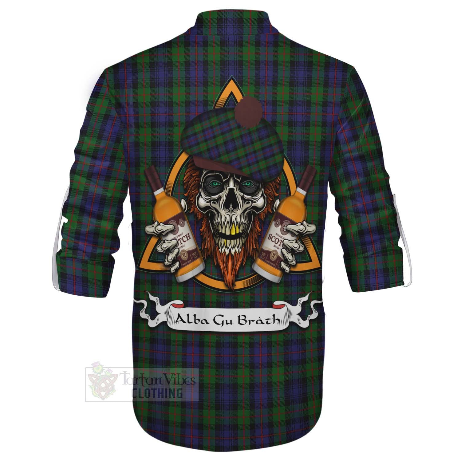 Tartan Vibes Clothing Murray Tartan Ghillie Kilt Shirt with Family Crest and Bearded Skull Holding Bottles of Whiskey