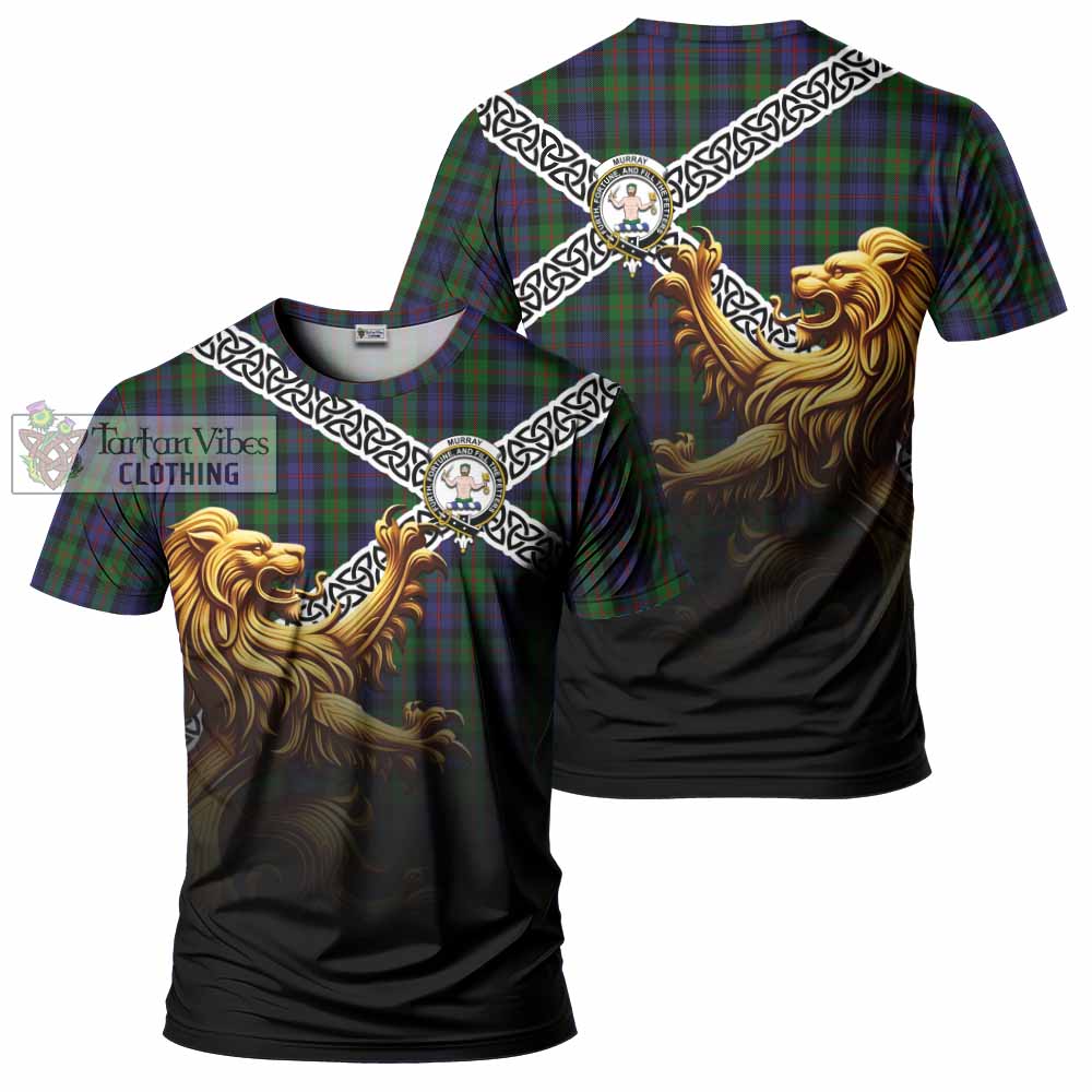 Tartan Vibes Clothing Murray Crest Tartan T-Shirt with Golden Lion Emblem Celtic Style