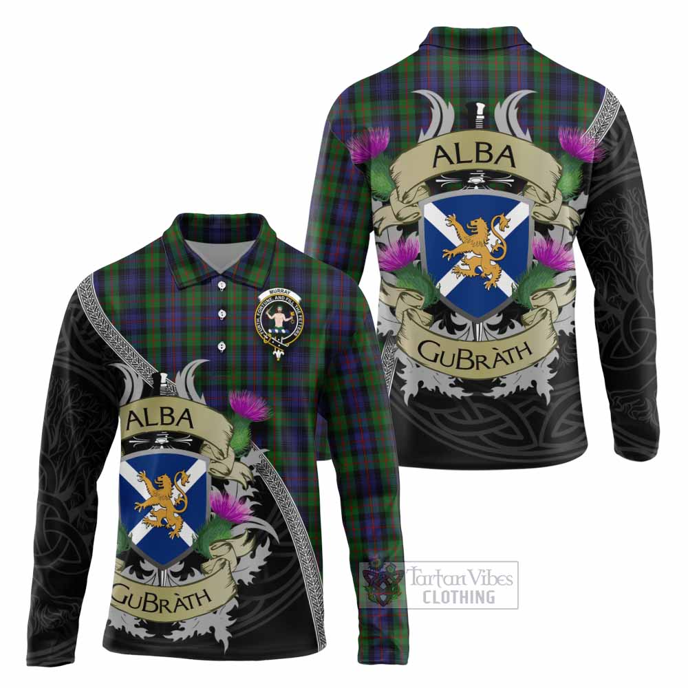 Tartan Vibes Clothing Murray Tartan Family Crest Long Sleeve Polo Shirt Lion Rampant Royal Thistle Shield Celtic Inspired