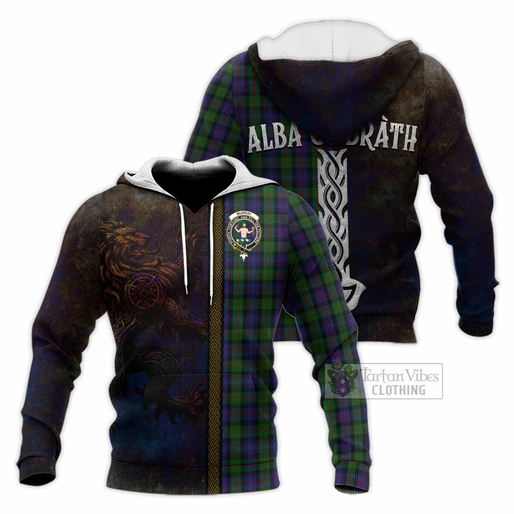 Tartan Vibes Clothing Murray Tartan Family Crest Knitted Hoodie Alba Gu Brath Be Brave Lion Ancient Style