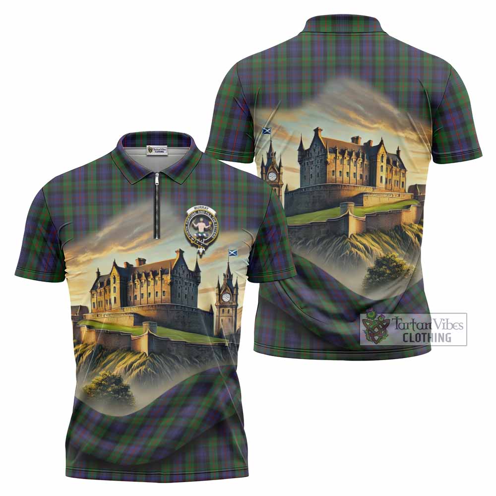Tartan Vibes Clothing Murray Tartan Family Crest Zipper Polo Shirt with Scottish Ancient Castle Stype