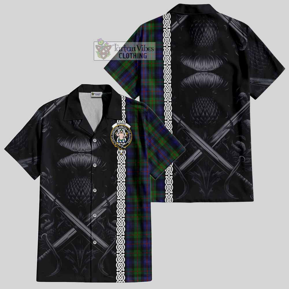 Tartan Vibes Clothing Murray Tartan Short Sleeve Button Shirt with Family Crest Cross Sword Thistle Celtic Vibes