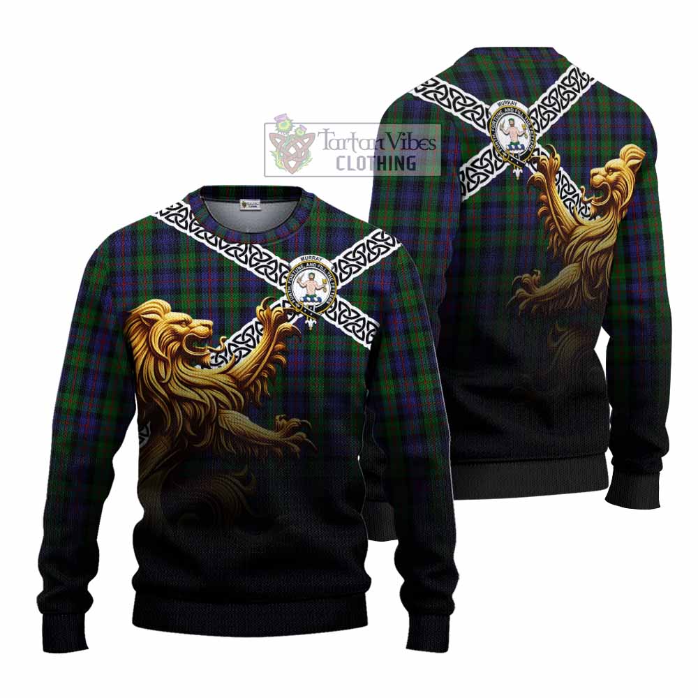 Tartan Vibes Clothing Murray Crest Tartan Knitted Sweater with Golden Lion Emblem Celtic Style