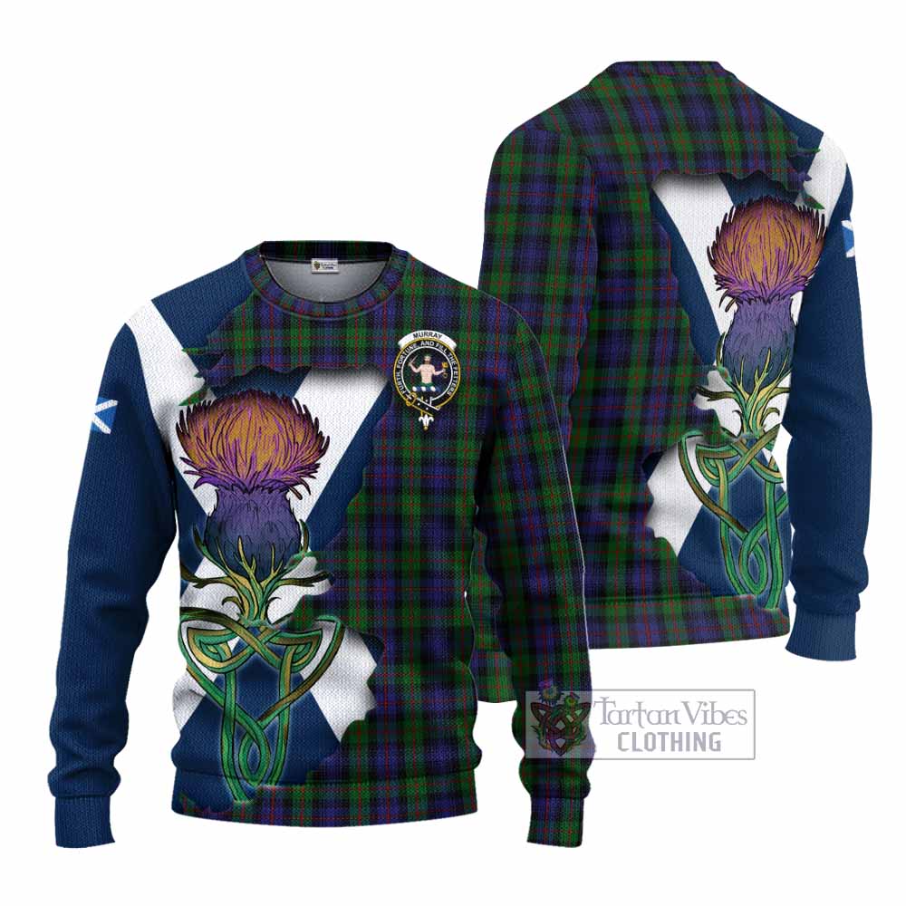Tartan Vibes Clothing Murray Tartan Family Crest Knitted Sweater Scottish Thistle Celtic Inspired