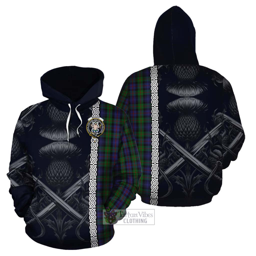Tartan Vibes Clothing Murray Tartan Cotton Hoodie with Family Crest Cross Sword Thistle Celtic Vibes