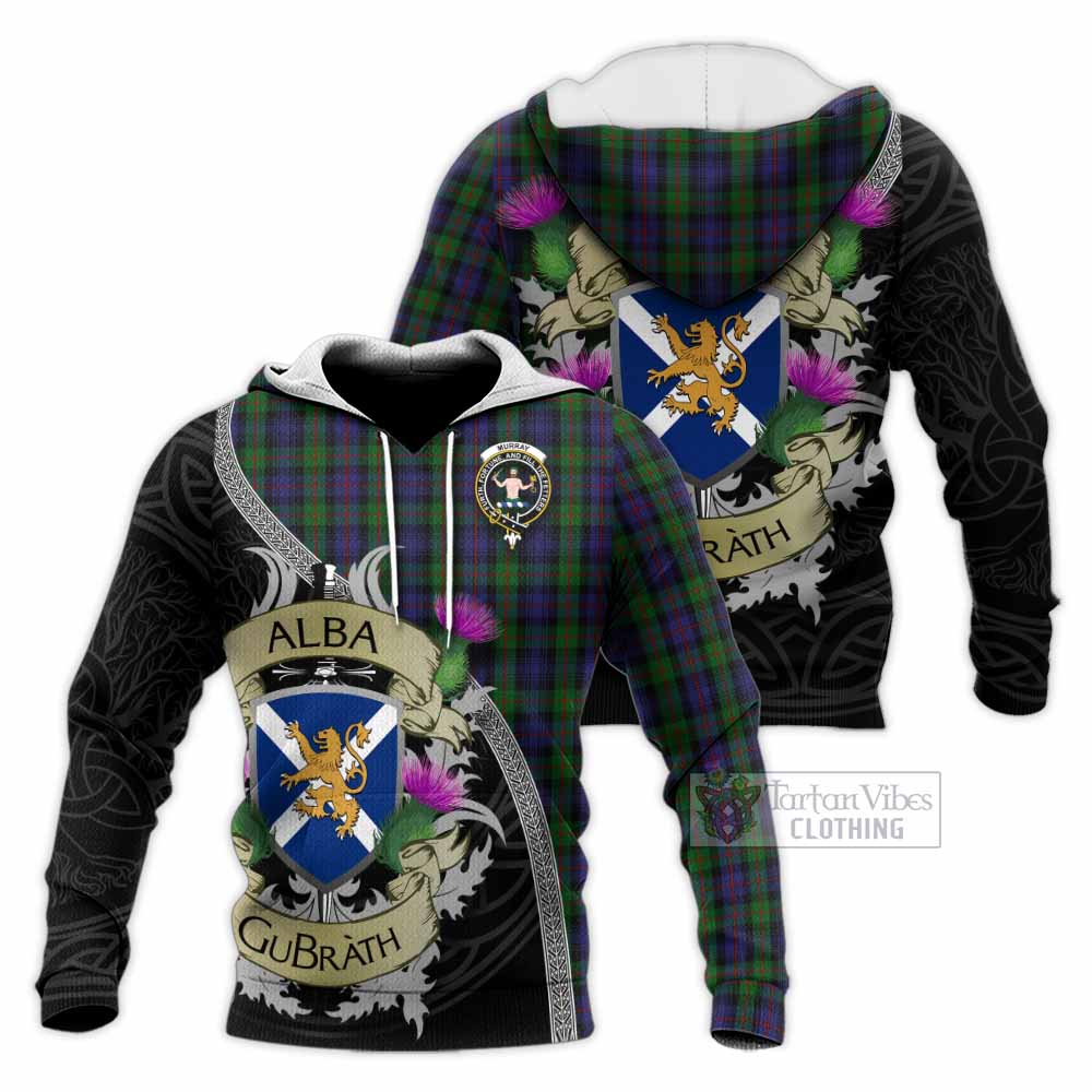 Tartan Vibes Clothing Murray Tartan Family Crest Knitted Hoodie Lion Rampant Royal Thistle Shield Celtic Inspired