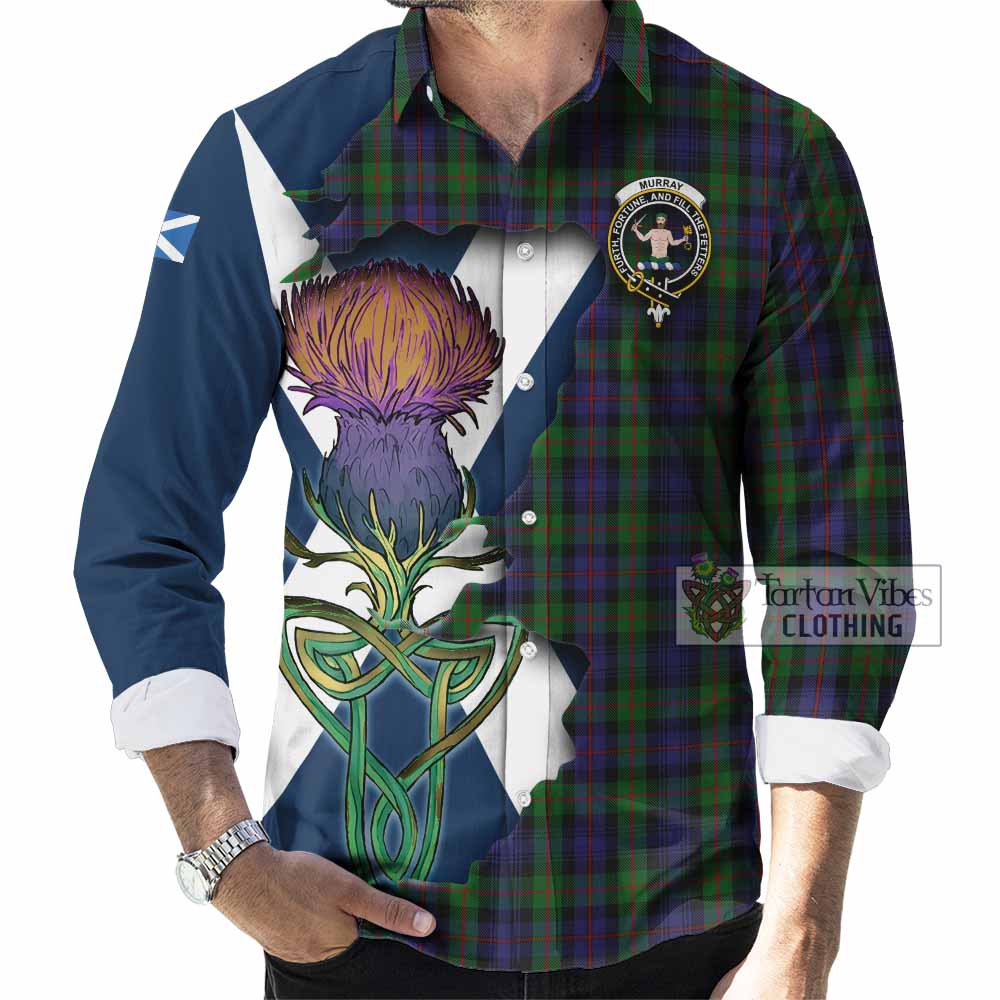 Tartan Vibes Clothing Murray Tartan Family Crest Long Sleeve Button Shirt Scottish Thistle Celtic Inspired
