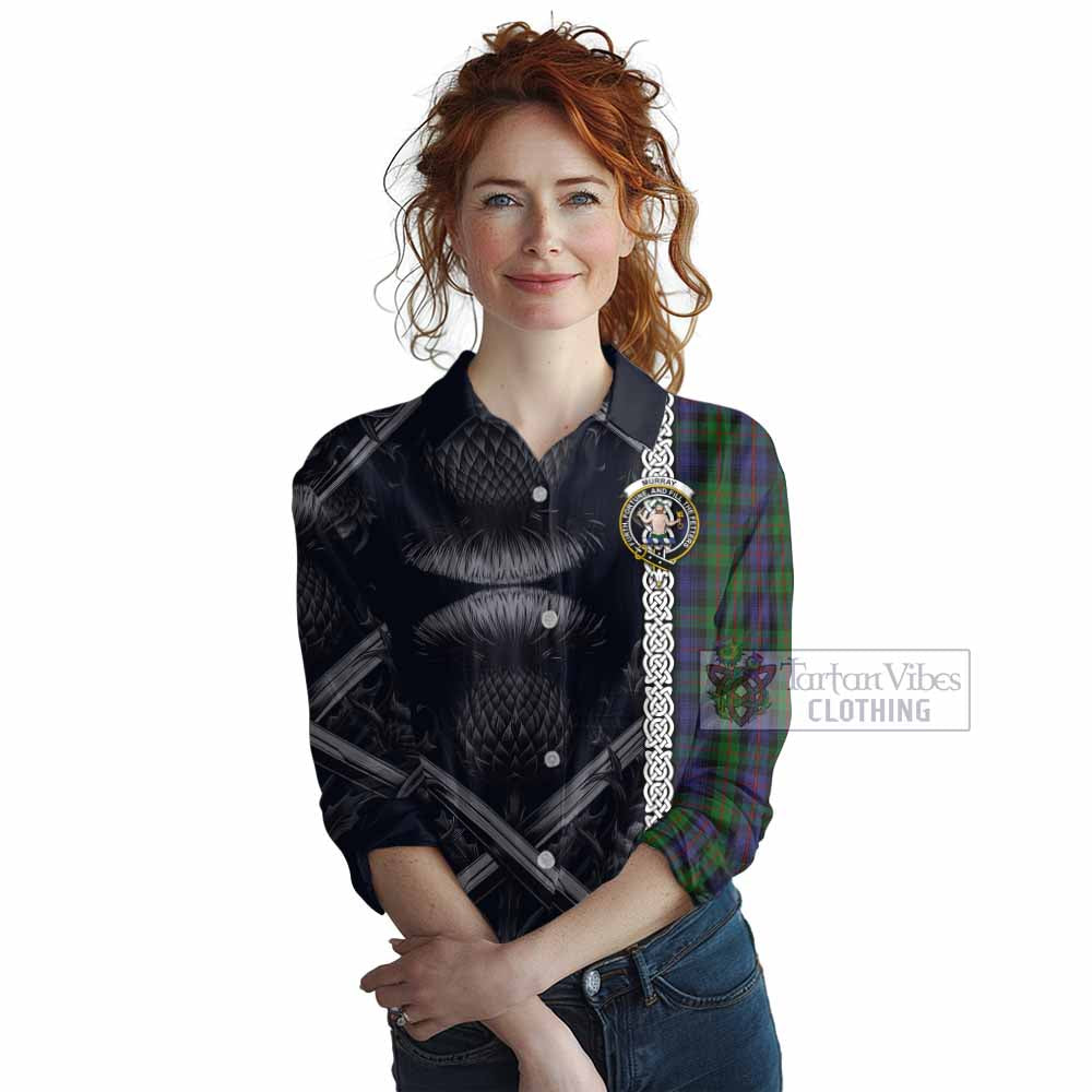 Tartan Vibes Clothing Murray Tartan Women's Casual Shirt with Family Crest Cross Sword Thistle Celtic Vibes