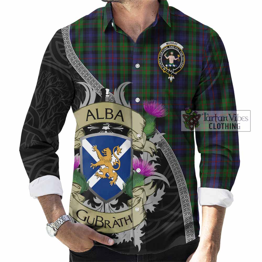 Tartan Vibes Clothing Murray Tartan Family Crest Long Sleeve Button Shirt Lion Rampant Royal Thistle Shield Celtic Inspired