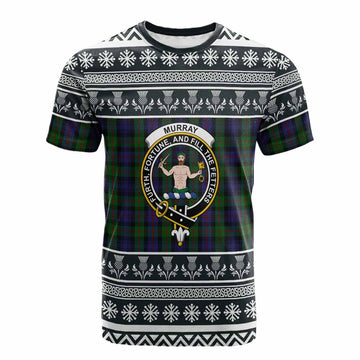 Murray Clan Tartan Christmas Cotton T-shirt with Family Crest