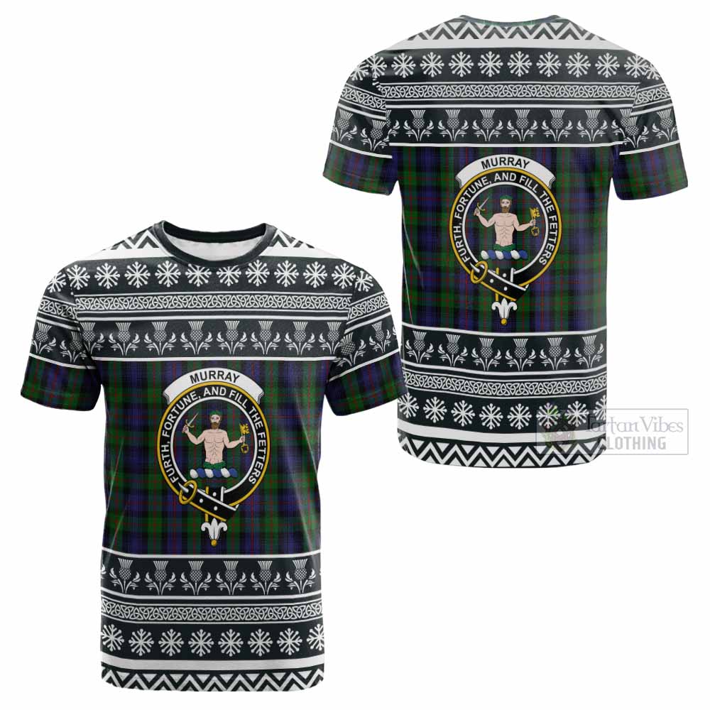 Murray Clan Tartan Christmas Cotton T-shirt with Family Crest - Tartan Vibes Clothing
