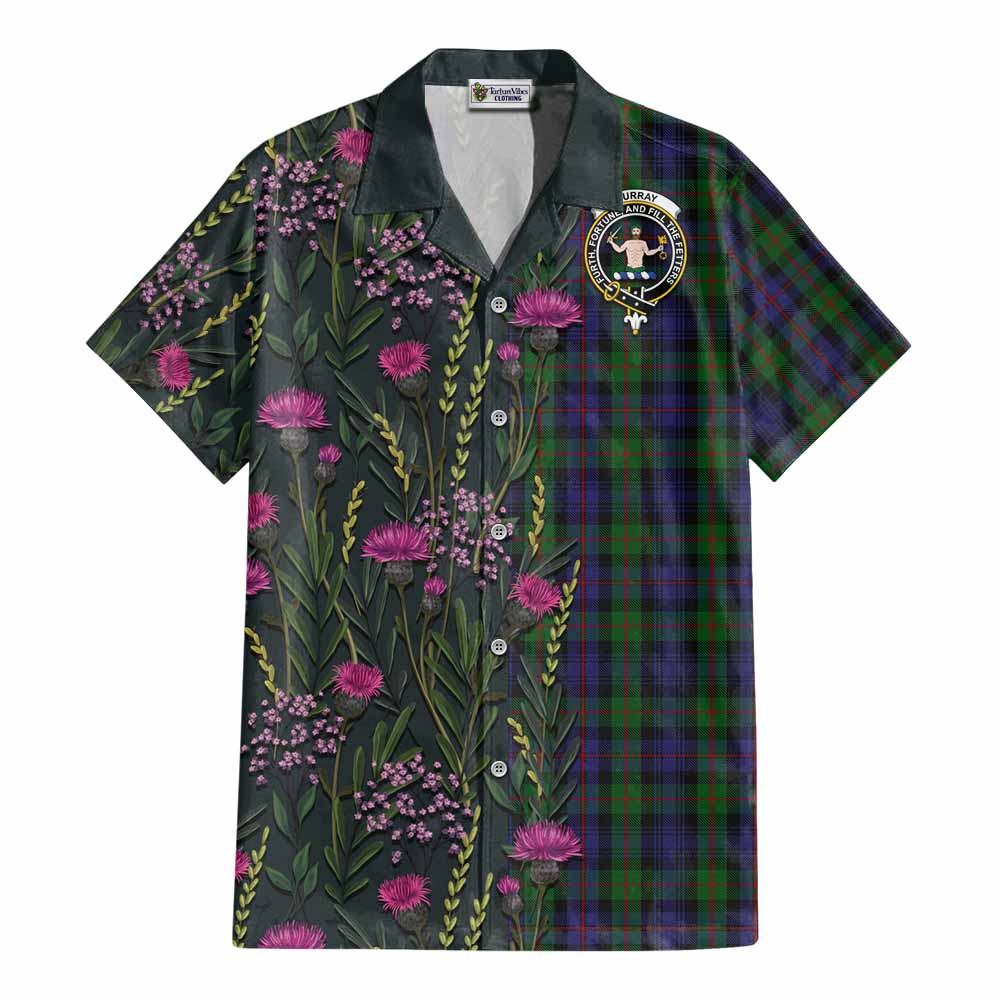 Murray Family Crest Tartan Cotton Hawaiian Shirt Scottish Thistle Flower Pattern Half Style - Tartan Vibes Clothing