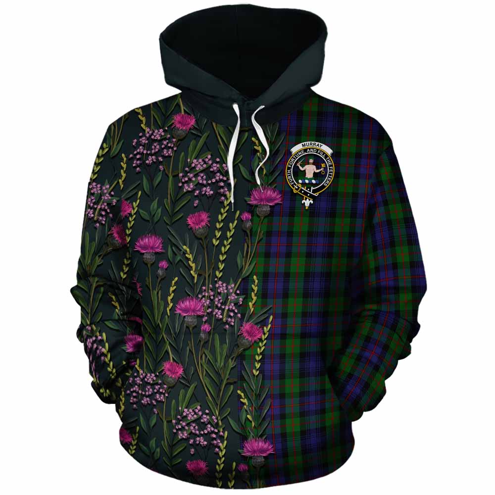 Murray Family Crest Tartan Cotton Hoodie Scottish Thistle Flower Pattern Half Style - Tartan Vibes Clothing