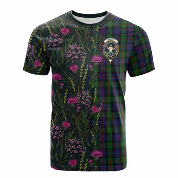 Murray Family Crest Tartan Cotton T-shirt Scottish Thistle Flower Pattern Half Style