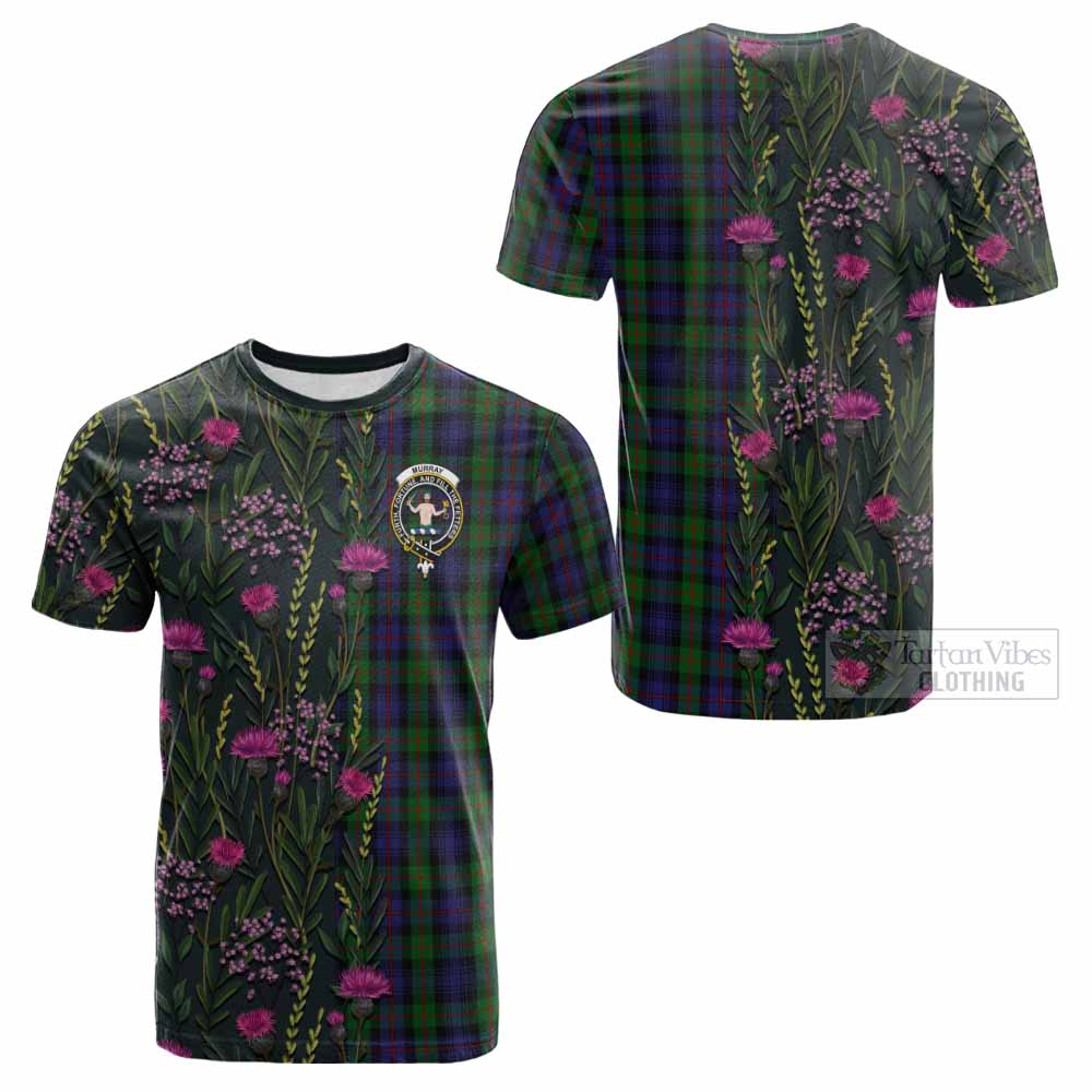 Murray Family Crest Tartan Cotton T-shirt Scottish Thistle Flower Pattern Half Style - Tartan Vibes Clothing