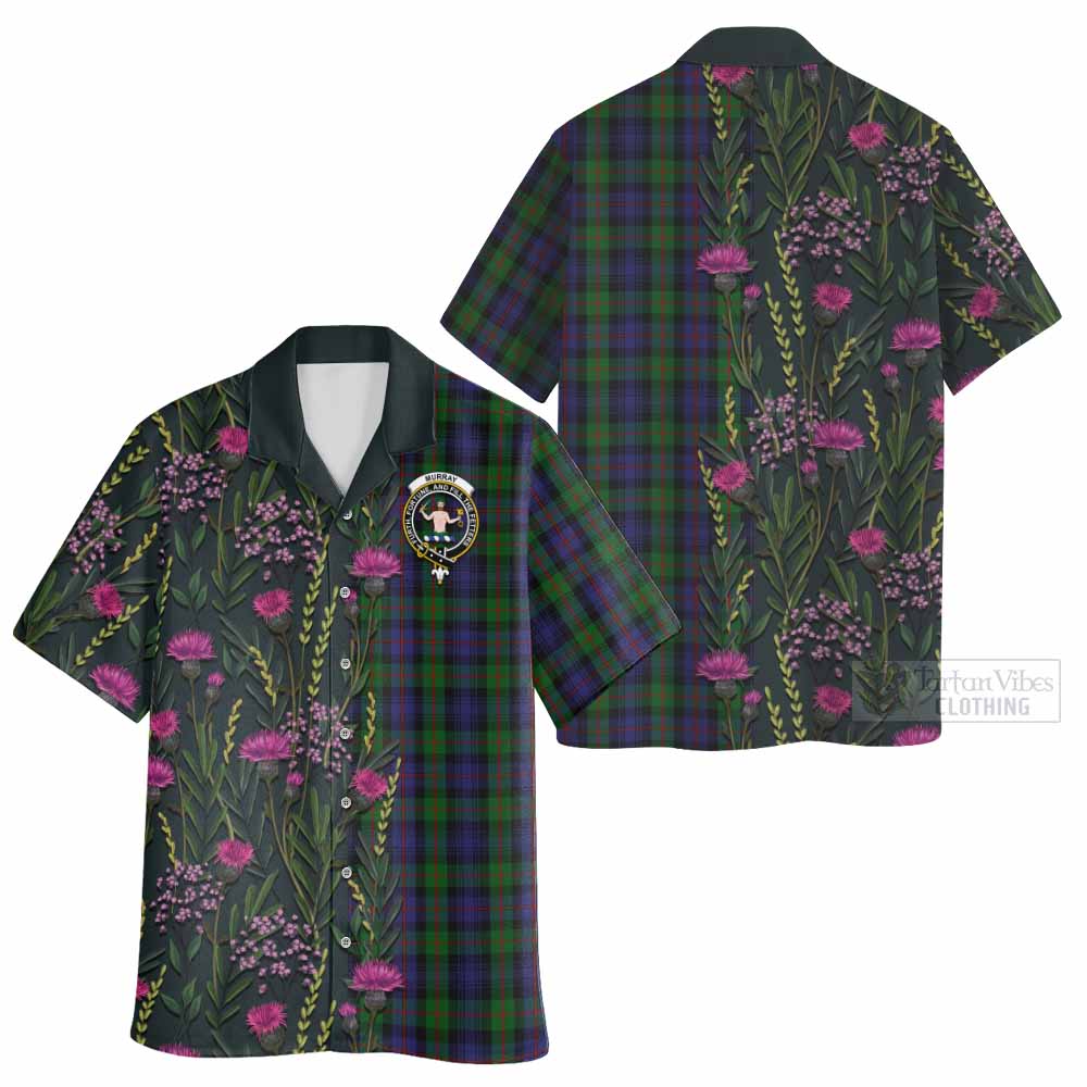 Murray Family Crest Tartan Hawaiian Shirt Scottish Thistle Flower Pattern Half Style - Tartan Vibes Clothing