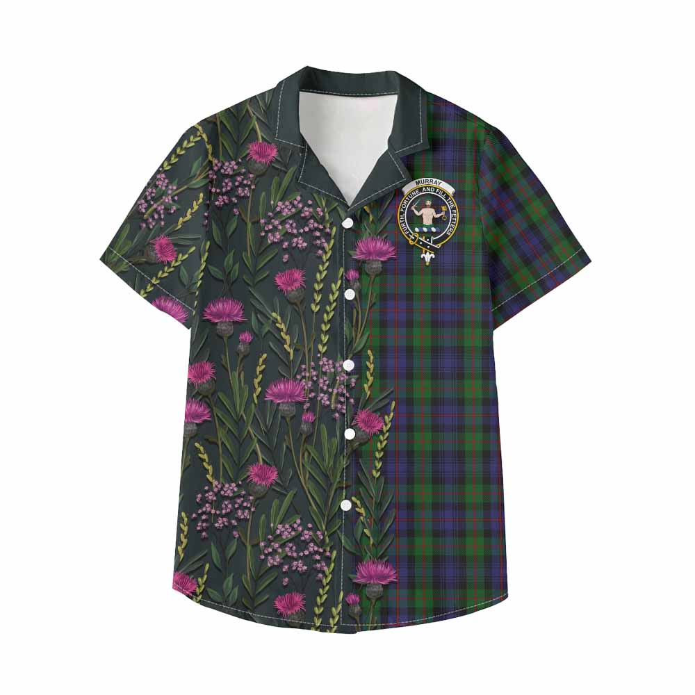 Murray Family Crest Tartan Kid Hawaiian Shirt Scottish Thistle Flower Pattern Half Style - Tartan Vibes Clothing