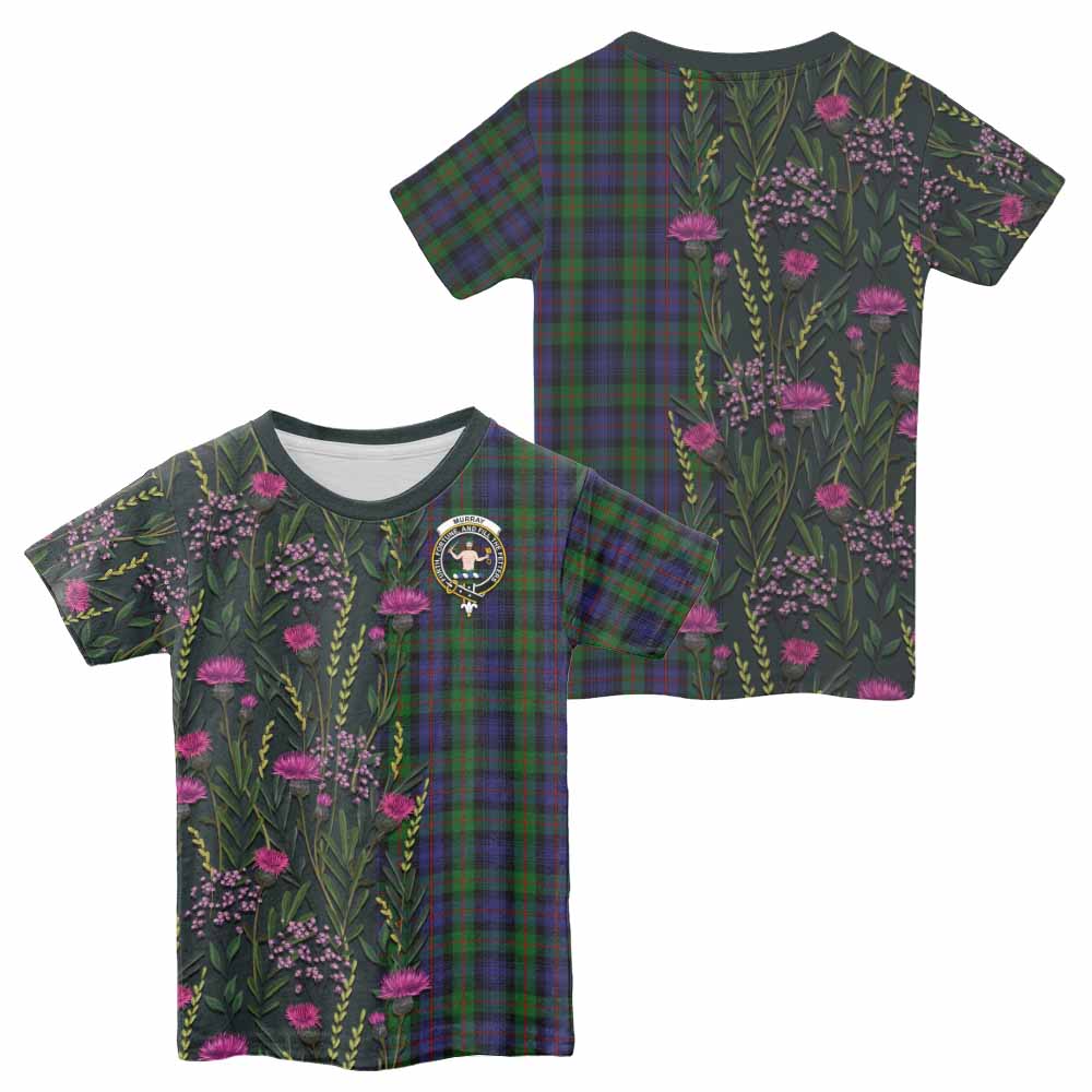 Murray Family Crest Tartan Kid T-shirt Scottish Thistle Flower Pattern Half Style - Tartan Vibes Clothing