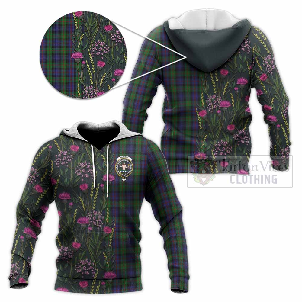 Murray Family Crest Tartan Knitted Hoodie Scottish Thistle Flower Pattern Half Style - Tartan Vibes Clothing