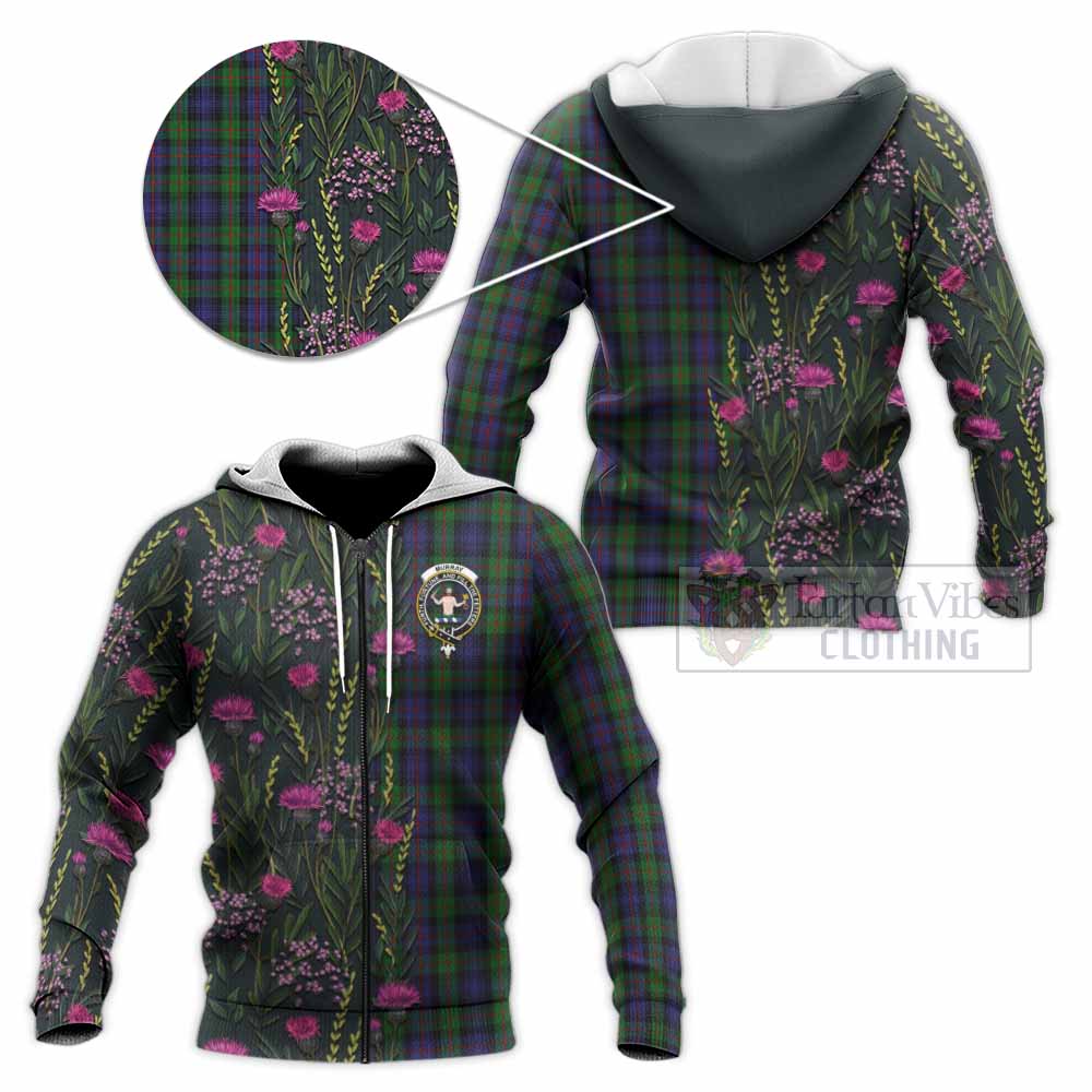 Murray Family Crest Tartan Knitted Hoodie Scottish Thistle Flower Pattern Half Style - Tartan Vibes Clothing