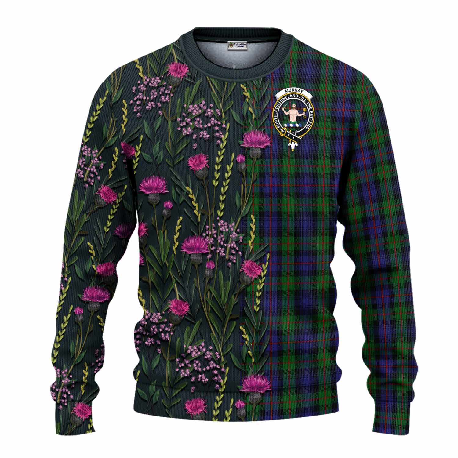 Murray Family Crest Tartan Knitted Sweater Scottish Thistle Flower Pattern Half Style - Tartan Vibes Clothing