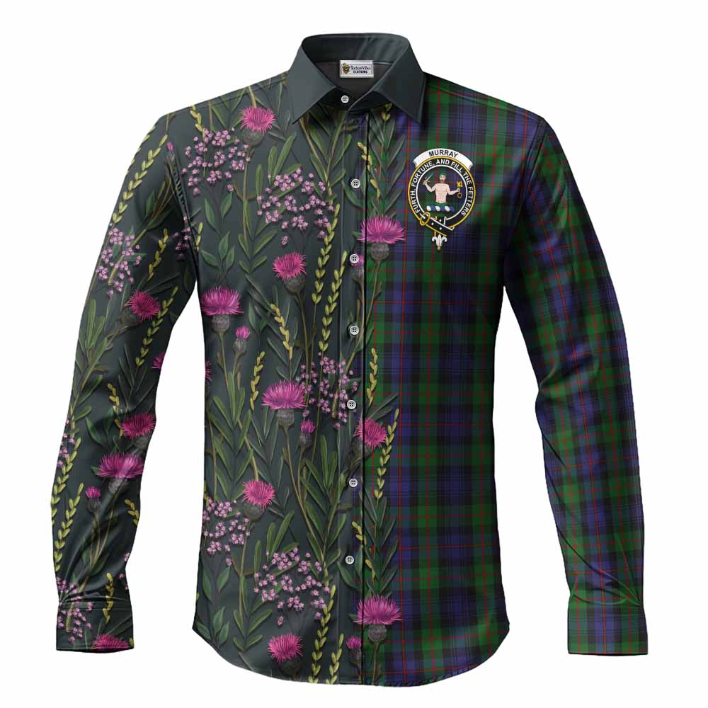 Murray Family Crest Tartan Long Sleeve Button Shirts Scottish Thistle Flower Pattern Half Style - Tartan Vibes Clothing