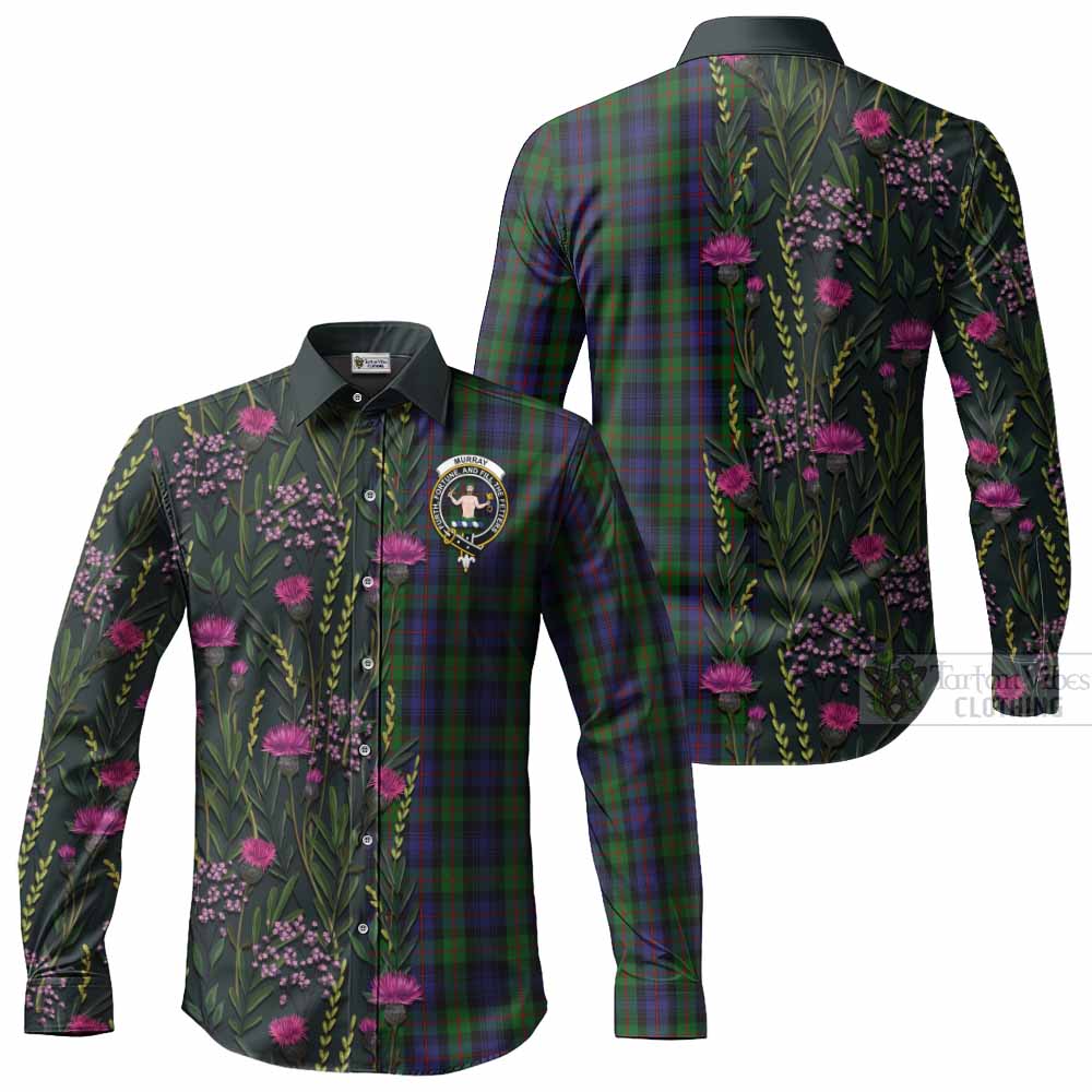 Murray Family Crest Tartan Long Sleeve Button Shirts Scottish Thistle Flower Pattern Half Style - Tartan Vibes Clothing