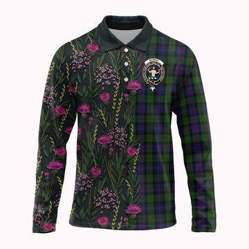 Murray Family Crest Tartan Long Sleeve Polo Shirt Scottish Thistle Flower Pattern Half Style