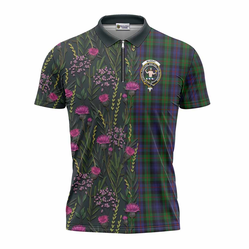 Murray Family Crest Tartan Zipper Polo Shirt Scottish Thistle Flower Pattern Half Style - Tartan Vibes Clothing