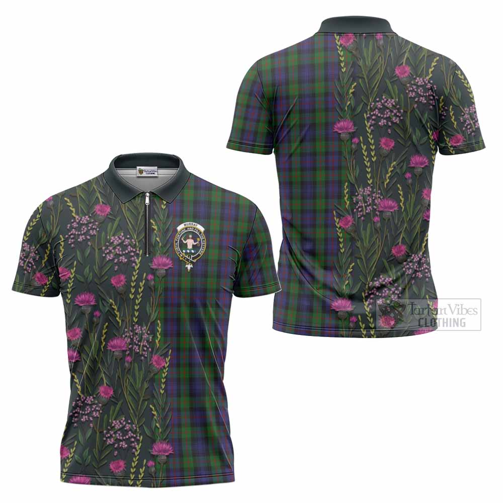 Murray Family Crest Tartan Zipper Polo Shirt Scottish Thistle Flower Pattern Half Style - Tartan Vibes Clothing