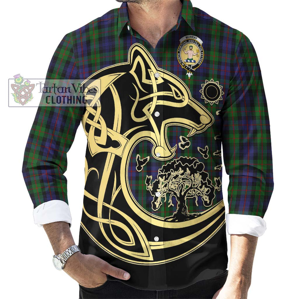 Murray Tartan Long Sleeve Button Shirt with Family Crest Celtic Wolf Style - Tartan Vibes Clothing