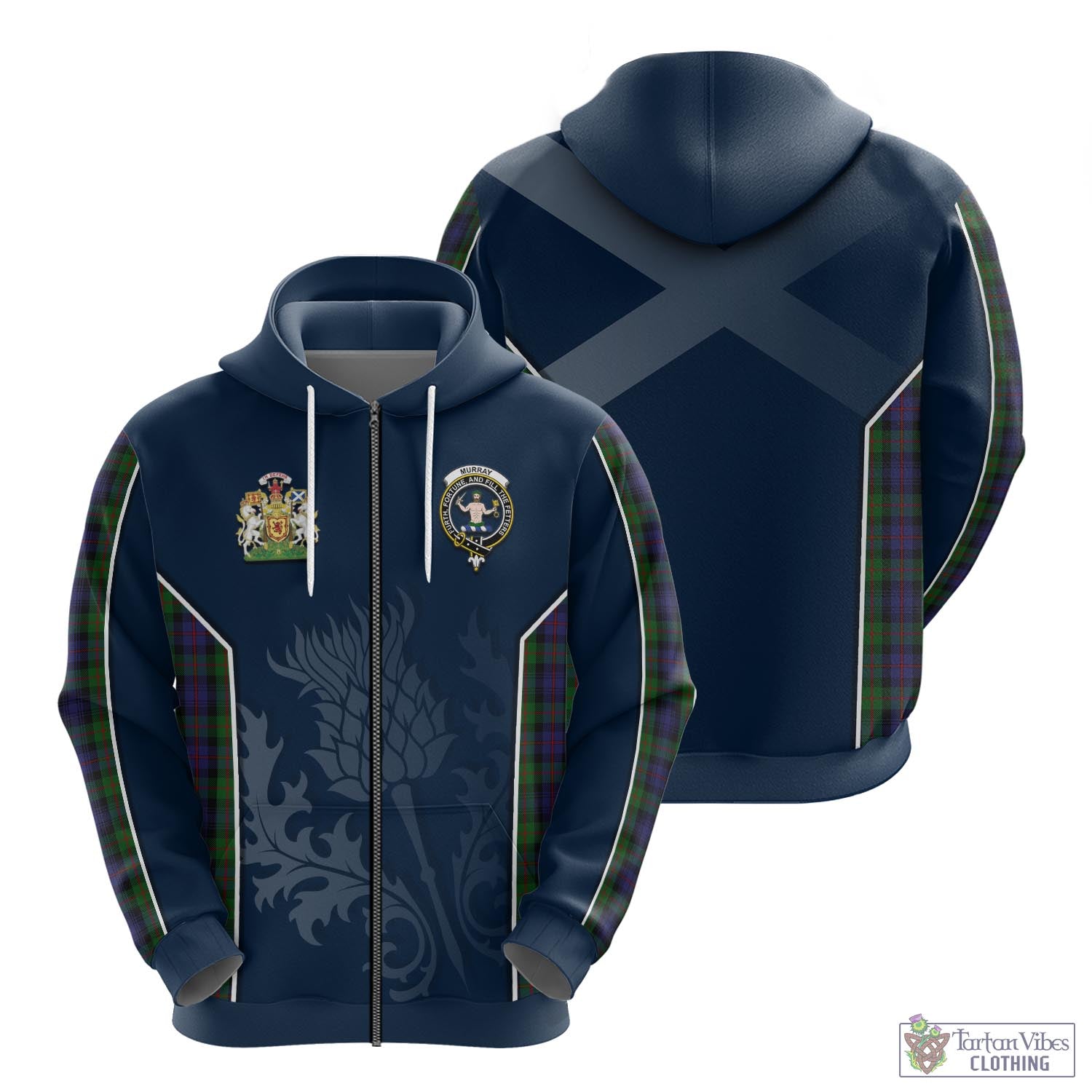 Tartan Vibes Clothing Murray of Atholl Tartan Hoodie with Family Crest and Scottish Thistle Vibes Sport Style