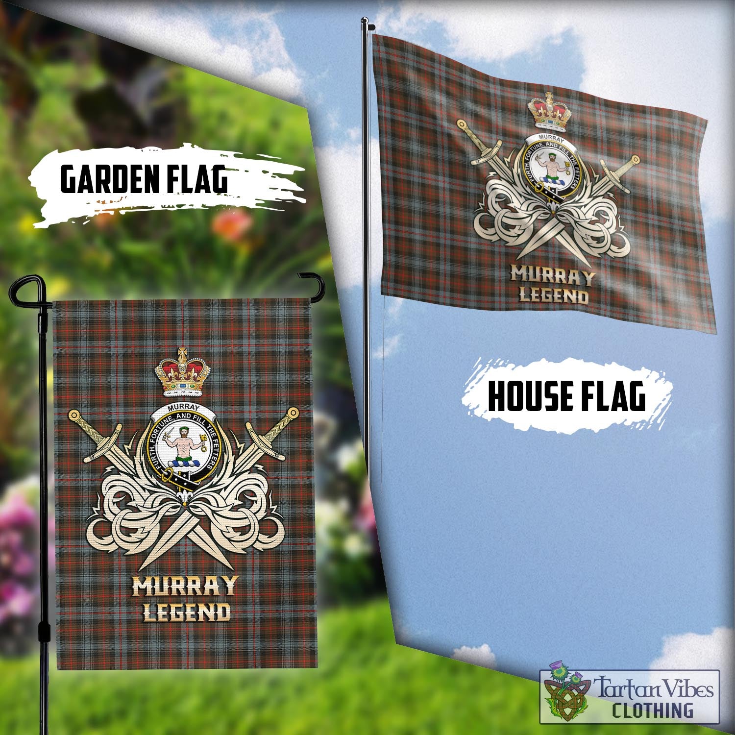 Tartan Vibes Clothing Murray of Atholl Weathered Tartan Flag with Clan Crest and the Golden Sword of Courageous Legacy