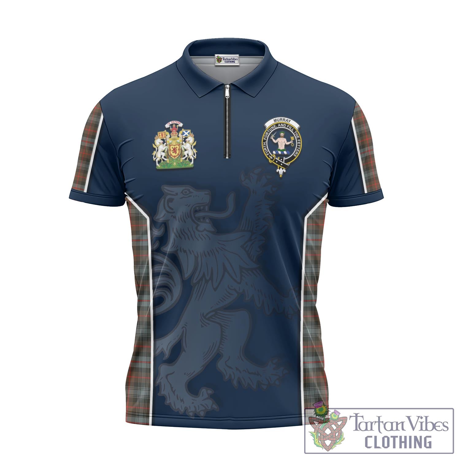 Tartan Vibes Clothing Murray of Atholl Weathered Tartan Zipper Polo Shirt with Family Crest and Lion Rampant Vibes Sport Style