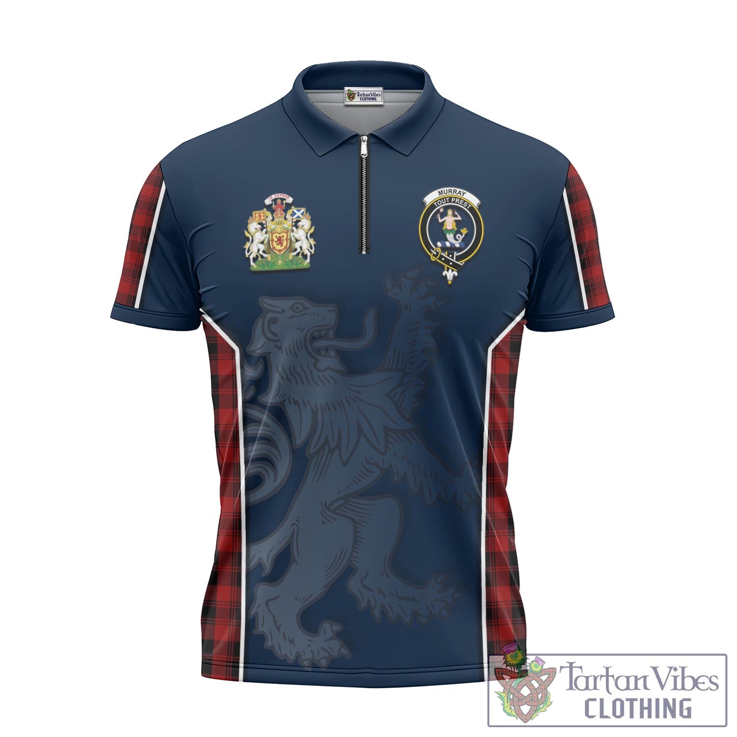Tartan Vibes Clothing Murray of Ochtertyre Tartan Zipper Polo Shirt with Family Crest and Lion Rampant Vibes Sport Style