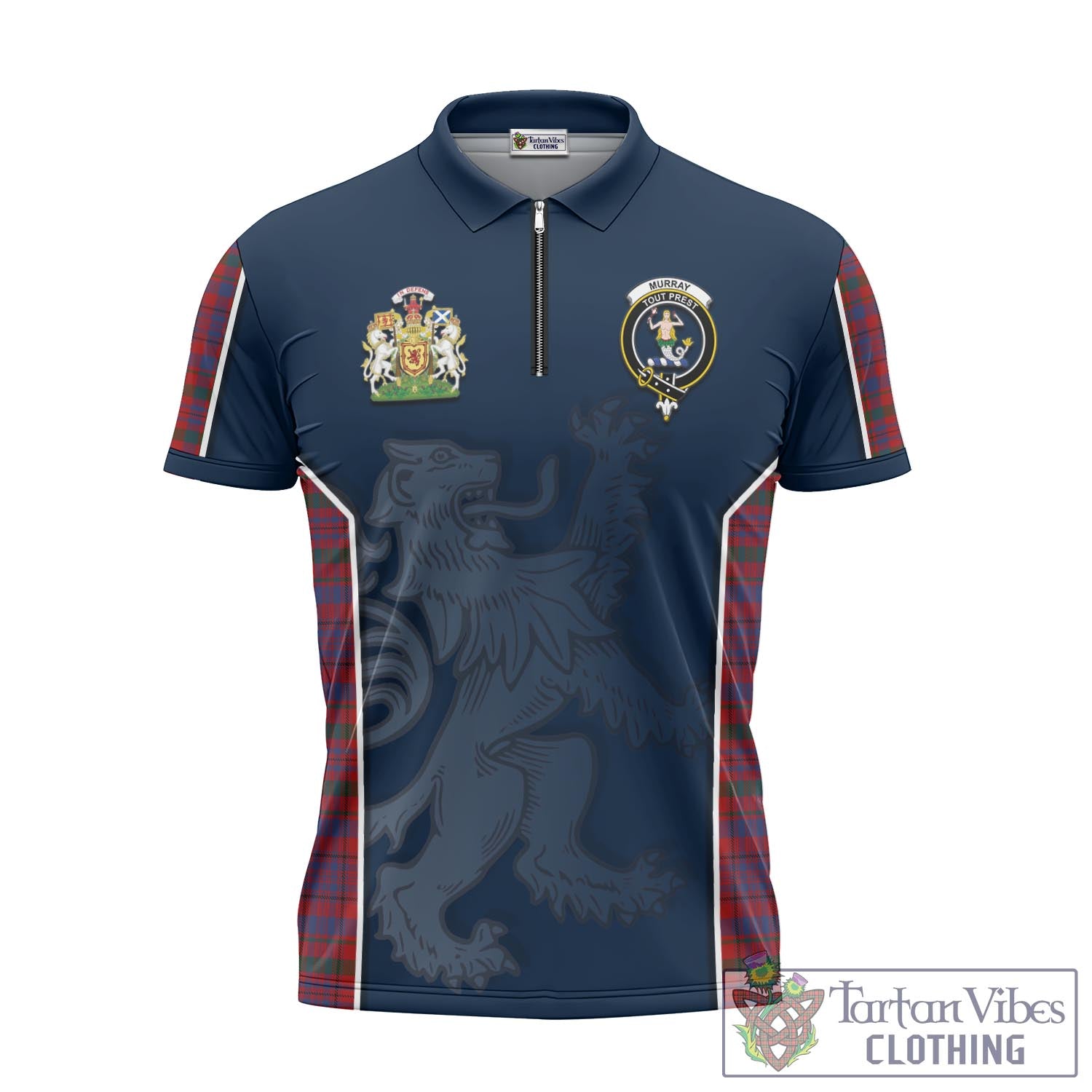 Tartan Vibes Clothing Murray of Tullibardine Tartan Zipper Polo Shirt with Family Crest and Lion Rampant Vibes Sport Style